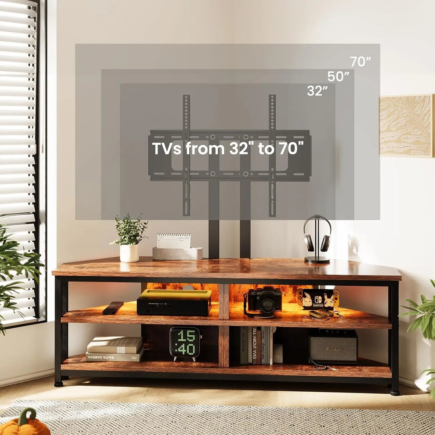Dripex TV Stand Cabinet with LED Lighting and TV Mount, Corner Cabinet TV Unit for up to 70 Inch TV with Open Gaming Center