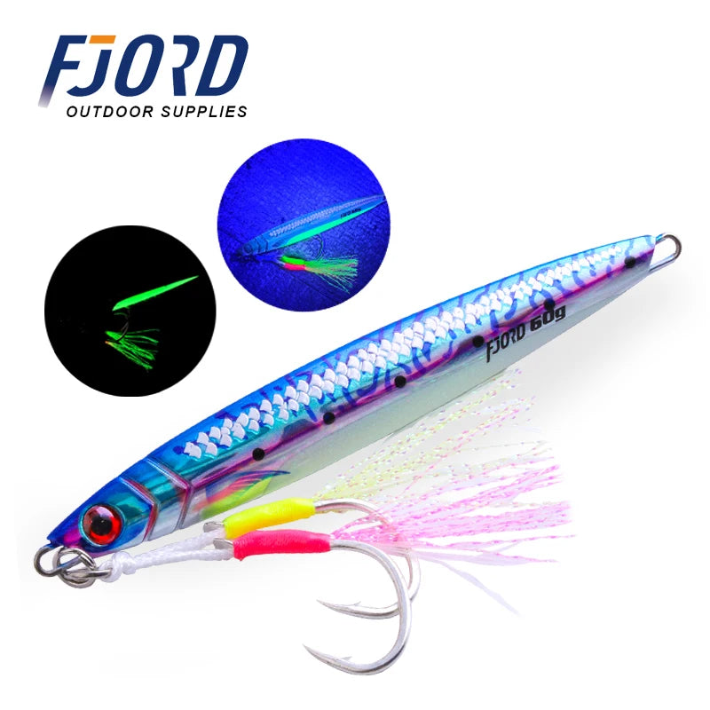 FJORD 3D Printing Metal Jig Night Glow Vertical Jig 40g 60g 80g Laser Strong Glow Silk UV Point Pike Hook Fishing Lure Supply