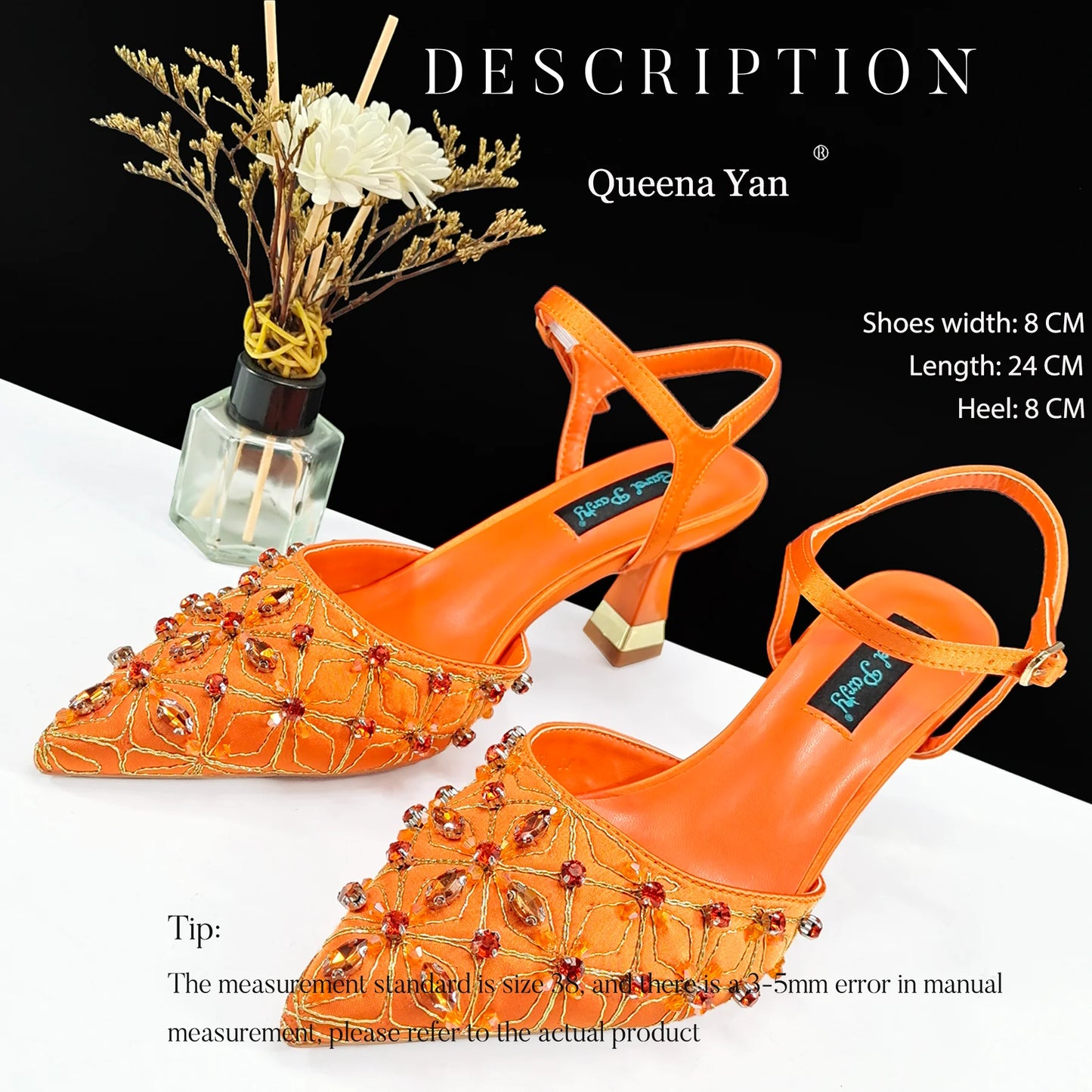 Queena Yan The best gift: Sweet Design Embroidered Beaded Pointed Toe Shoes Comfortable Square Heel Sandals