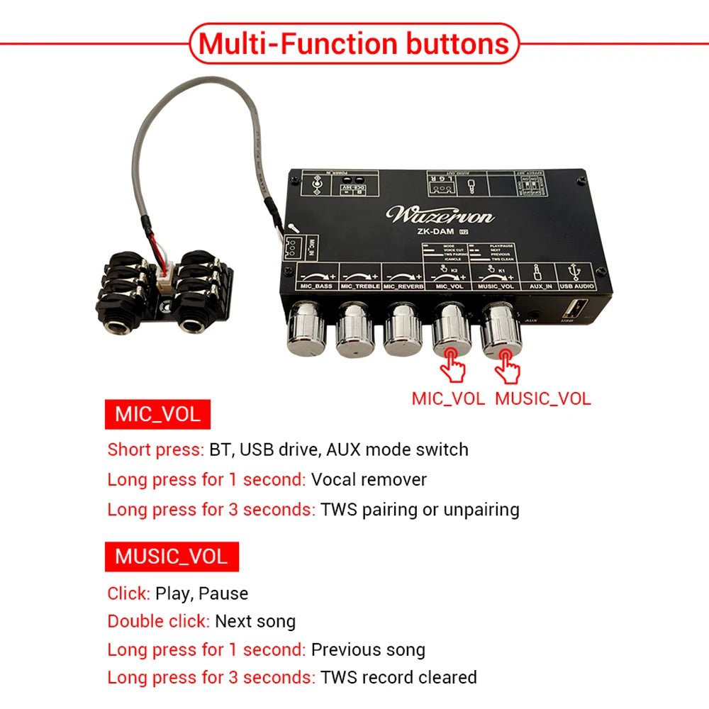 DC 8-36V ZK-DAM-H2 Upgraded Reverb Board Isolation Low Noise Front Stage Effect Device External Mic BT USB Decoding Supports TWS