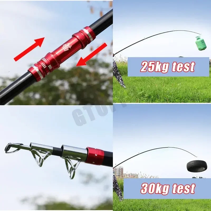 2.4M-4.5M Carbon Fishing Rod 50kg Catch Big Fish Superhard Long Distance Throwing Shot Rod Heavy Bait Telescopic Sea Boat Rod