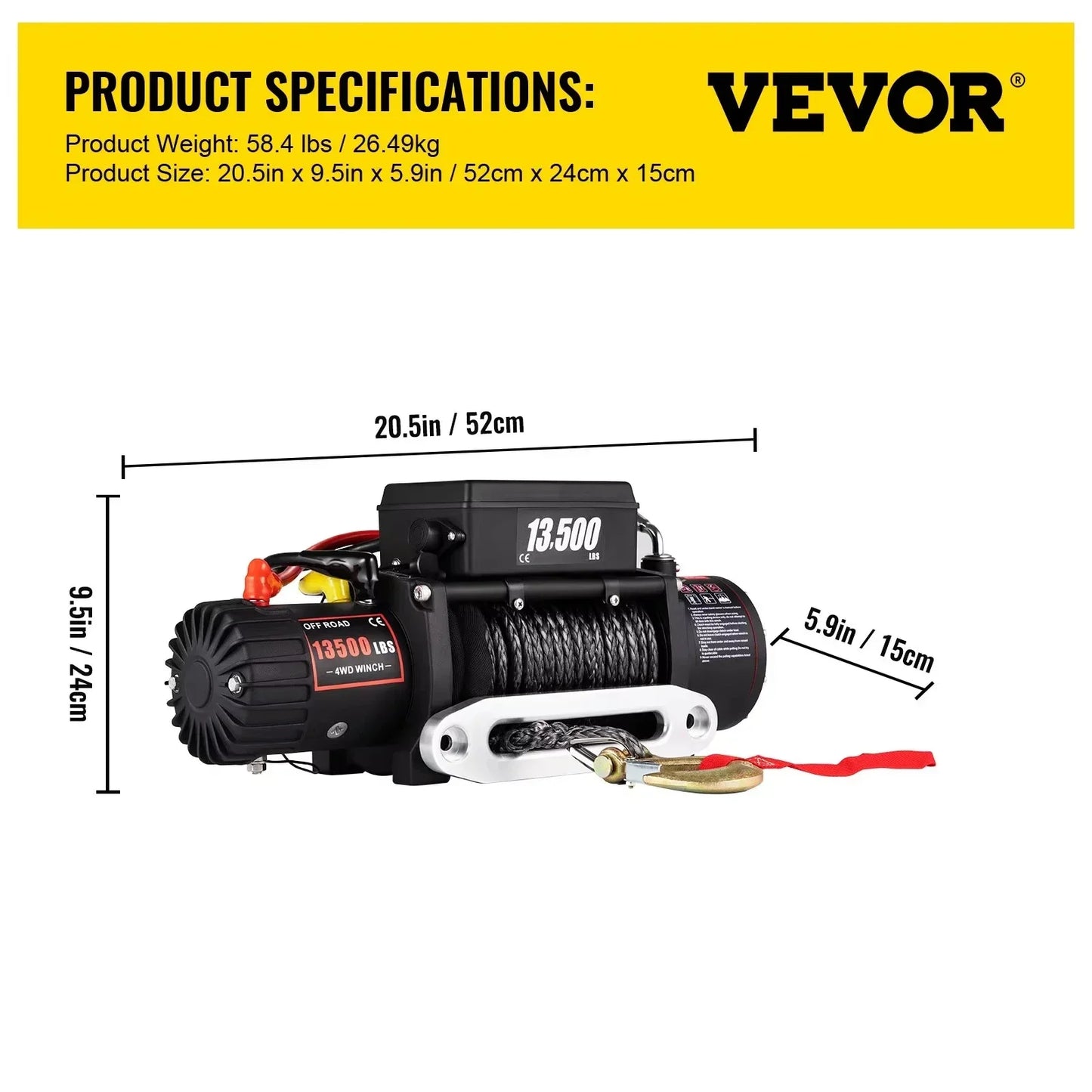 SIHAO 13500LB 12V Electric Capstan Winch - 92-Alloy Synthetic Rope 27M for Off-Road 4x4 Car/ATV/Boat/Trailer Lift Waterproof