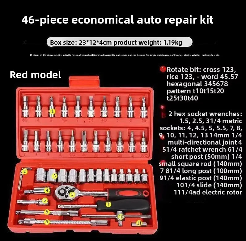 46Pc Auto Maintenance Vehicle-mounted Socket Repair Set Family Tools Factory Sale Auto Repair Combination Ratchet Wrench Toolbox