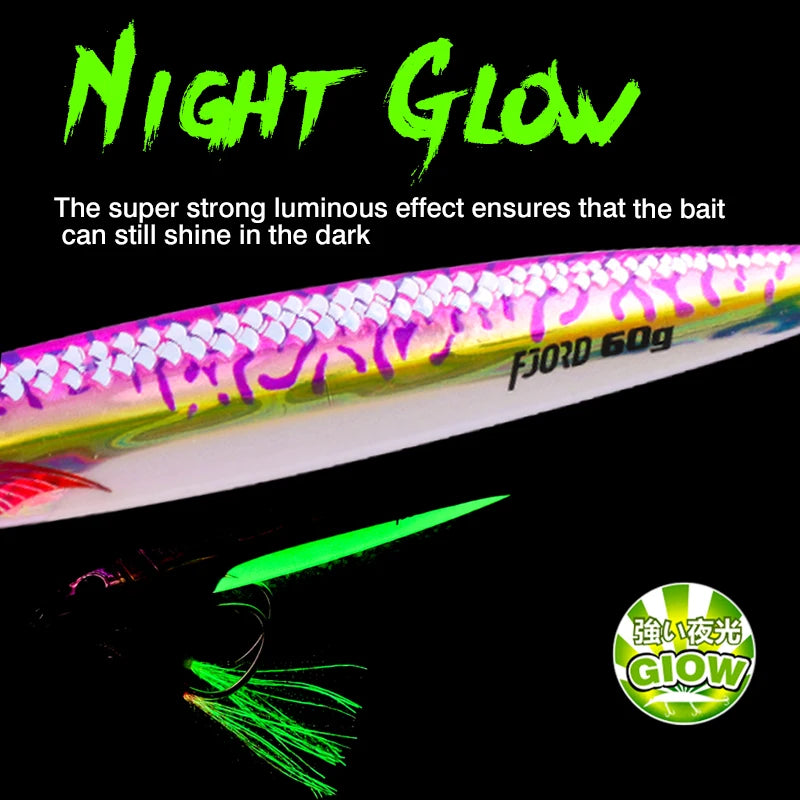 FJORD 3D Printing Metal Jig Night Glow Vertical Jig 40g 60g 80g Laser Strong Glow Silk UV Point Pike Hook Fishing Lure Supply