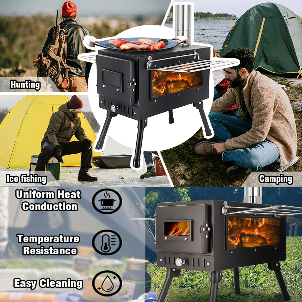 Portable Outdoor Camping Wood-burning Stove Wood Burner Stainless Steel Foldable Tent Heater w Tent Fire Window Patio Fireplace