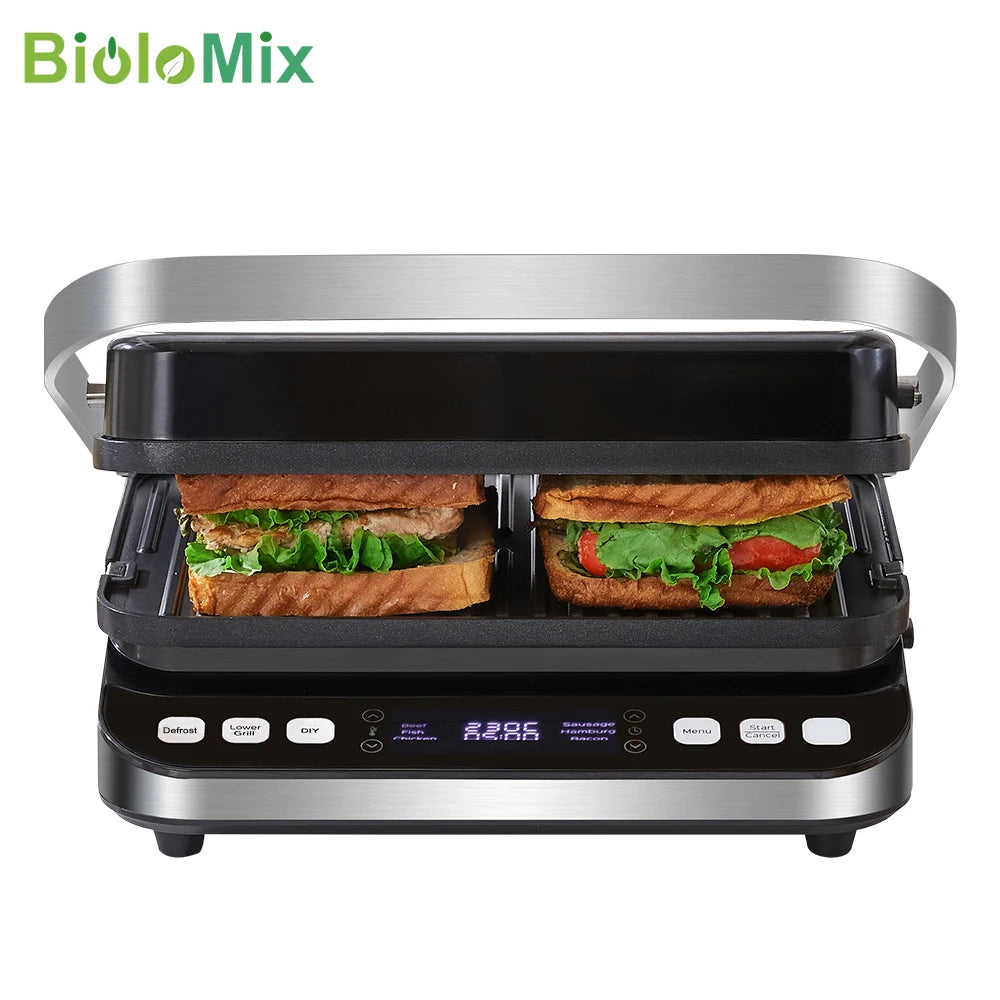 BioloMix 2000W Digital Contact Grill Features 180 Degree Open Design Optional Waffle Maker Plates for Panini BBQ and More