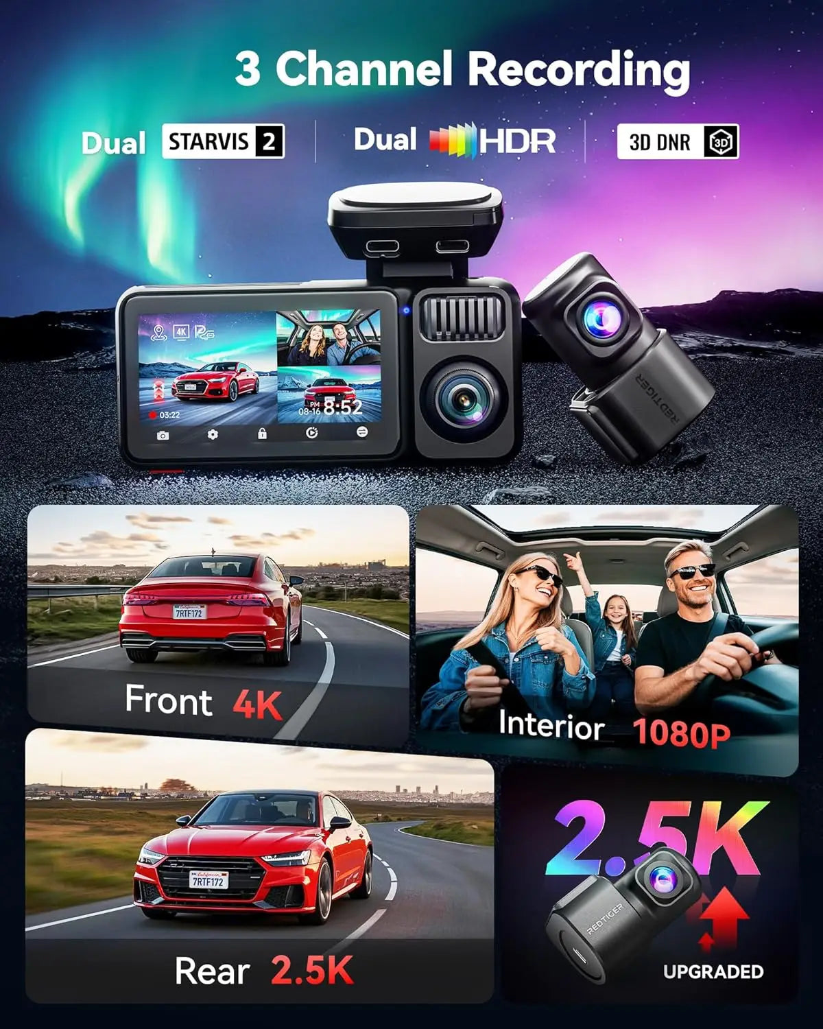 REDTIGER F17 Elite 4K 3 Channel Dash Cam 5.8Ghz Wifi 6 Full Night Color Touch Screen Voice Control Car Cameras 128GB Card HDR