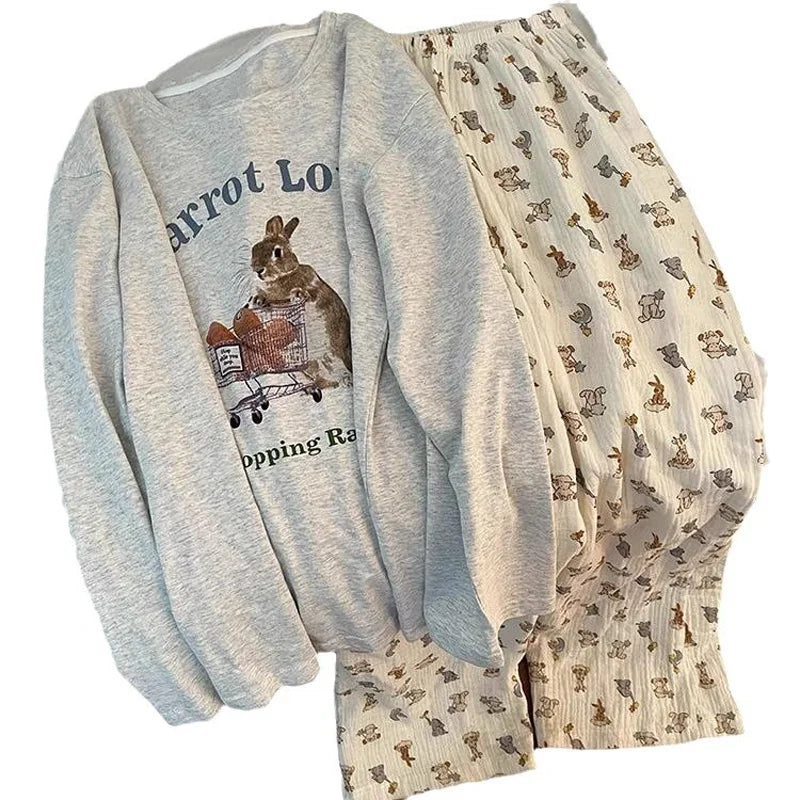Spring and Autumn New Ladies Ins Style Pajamas Homewear Set Cartoon Girl Long-Sleeved Long Pants Korean Pajamas Homewear Set