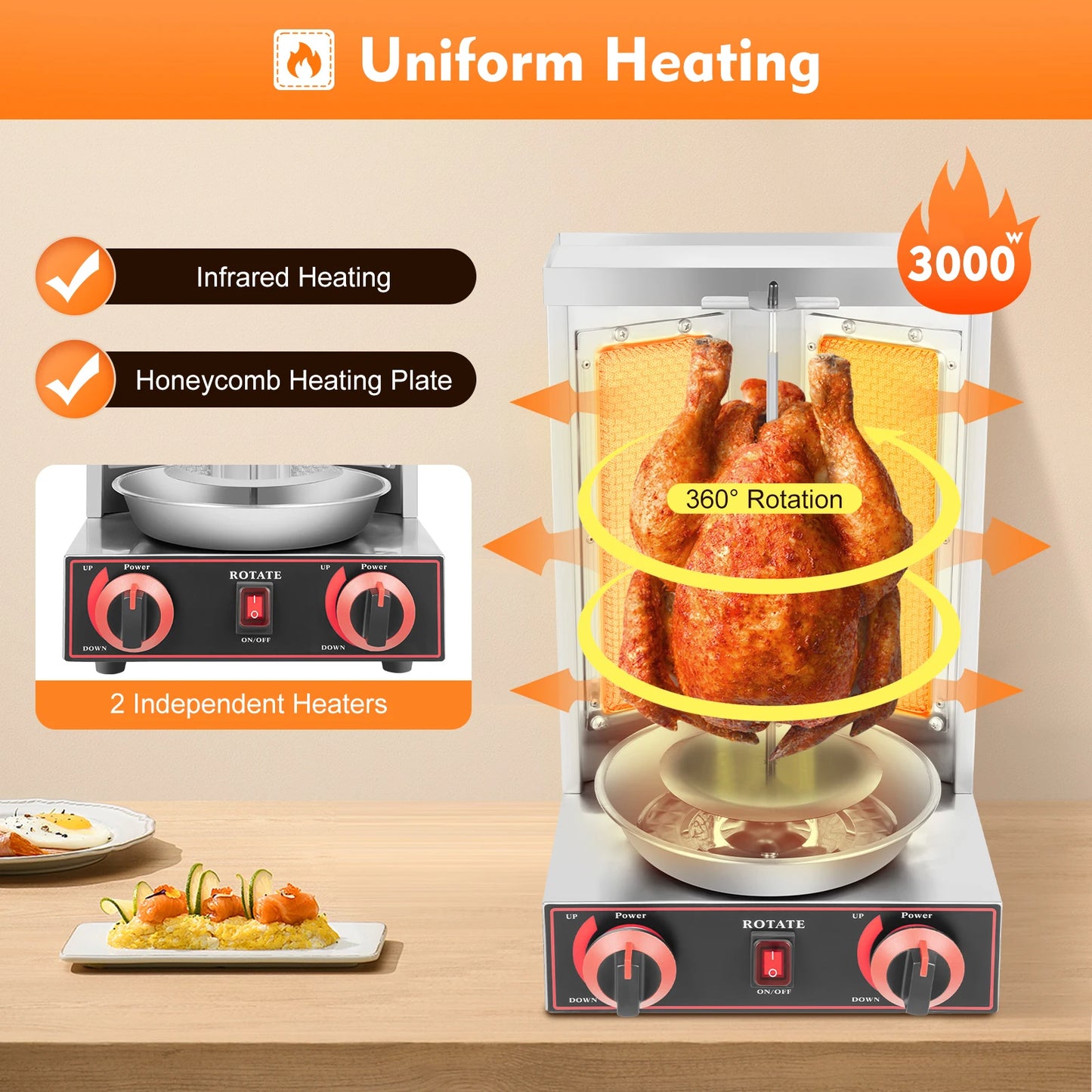 3000W Gas Vertical Shawarma Machine Doner Kebab Grill Gyro Rotisserie Oven Meat Broiler with 2 Burner for Home Restaurant