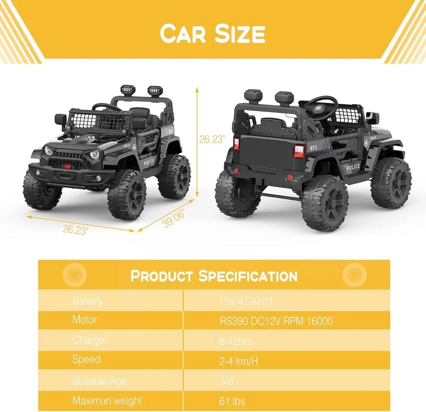 Electric Car Kid 12V Children's Ride On Off-Road Car Toys with Suspension Spring/LED Lights/Bluetooth/2 Speeds for 3 to 8 Years