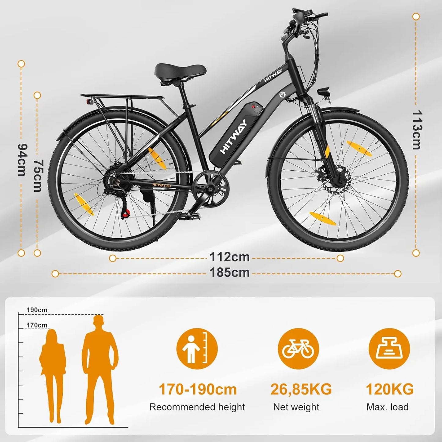 HITWAY Electric bike, 28 electric bikes, city e-bike with removable battery 36V 13Ah, motor 250W, 7 speeds