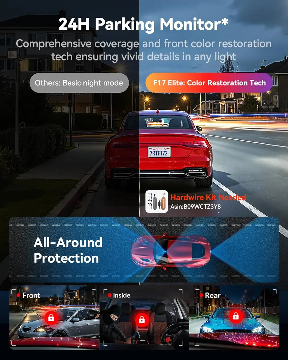 REDTIGER F17 Elite 4K 3 Channel Dash Cam 5.8Ghz Wifi 6 Full Night Color Touch Screen Voice Control Car Cameras 128GB Card HDR