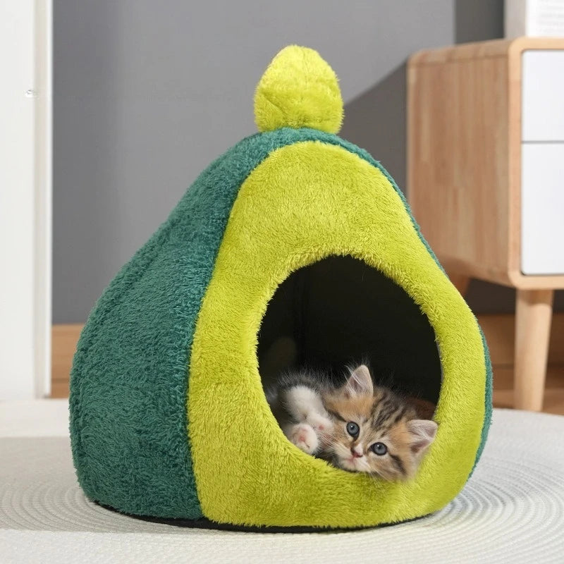 Cat House for Indoor Cats Cute Avocado Shaped Small Dog Bed with Hanging Toys Warm and Cozy Covered Cat Bed for Puppies and Cats