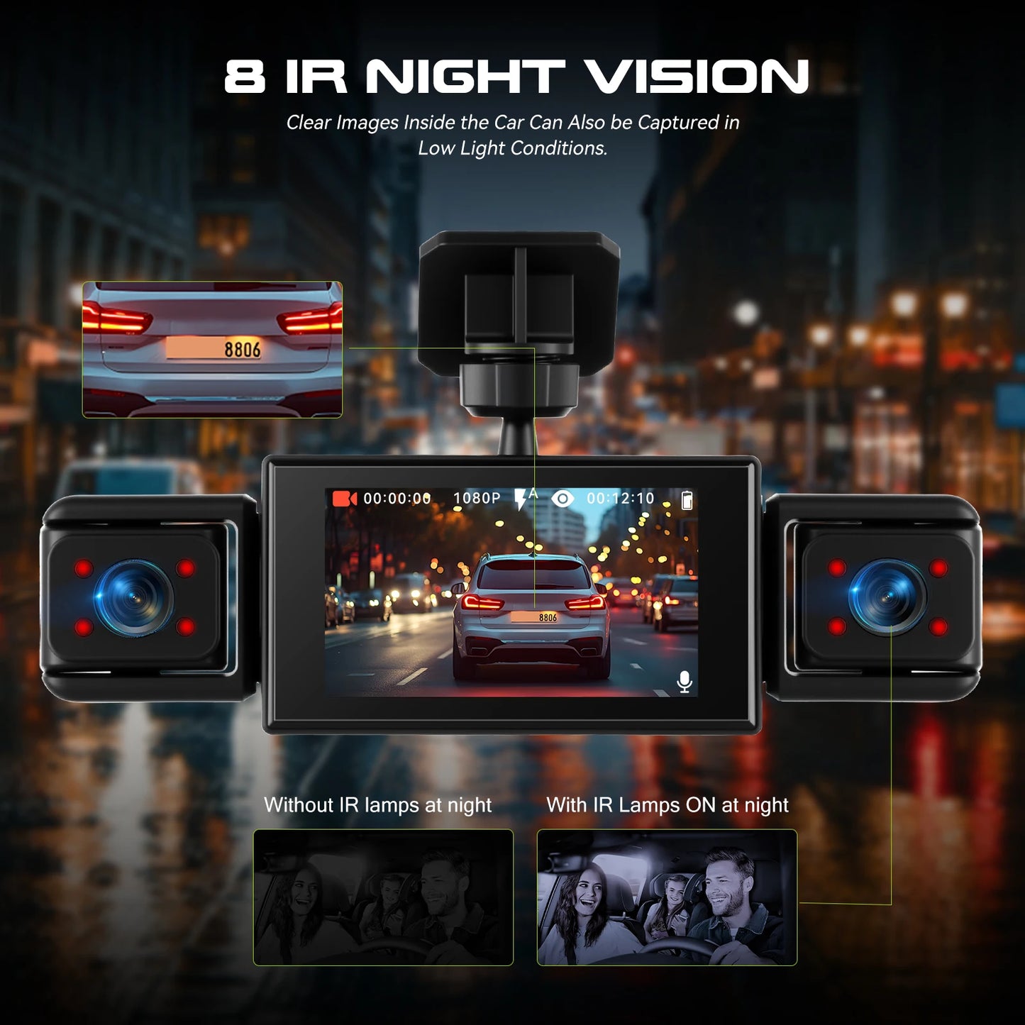 Podofo 3'' 1080P Car Dash Cam Loop Recording Night Vision Car Recorder 4 Lens Reversing Help Motion Detection Parking Monitor