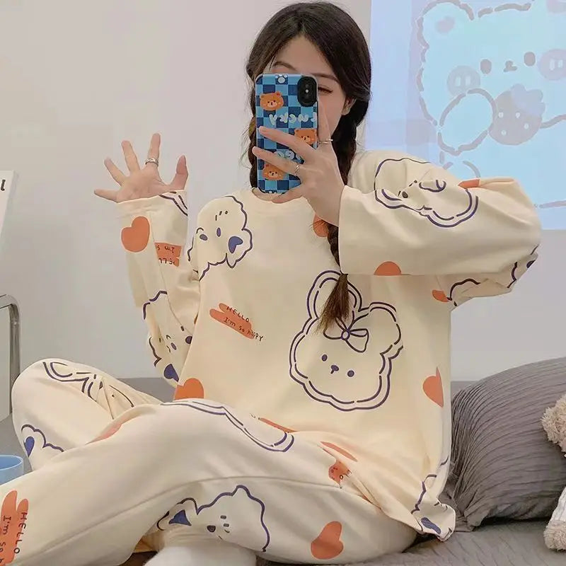 Spring and Autumn New Ladies Ins Style Pajamas Homewear Set Cartoon Girl Long-Sleeved Long Pants Korean Pajamas Homewear Set