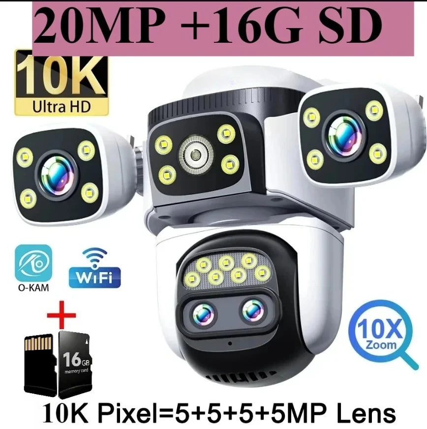 20MP 10X Optical Zoom WiFi6 Outdoor Security Cam Four Lens Three Screens Auto Tracking 6K Dual Len Waterproof WiFi CCTV Cam 10K