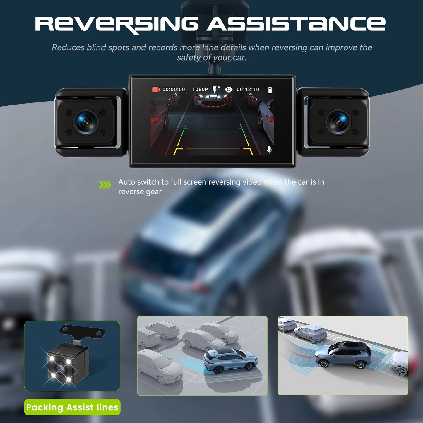 Podofo 3'' 1080P Car Dash Cam Loop Recording Night Vision Car Recorder 4 Lens Reversing Help Motion Detection Parking Monitor