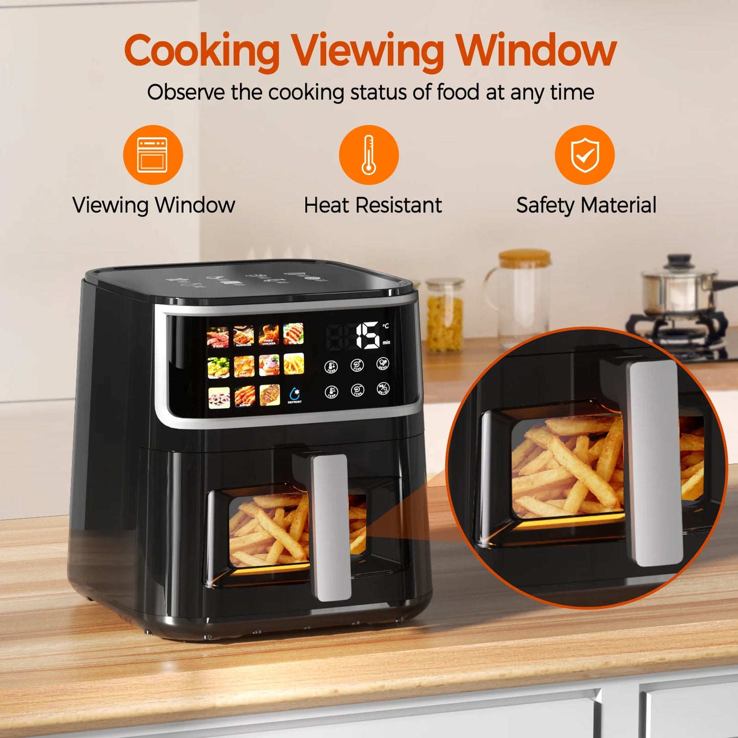 Patbrela Non-fat fryer 8L Large Hot Air Frye with Led Screen 11 Preset Functions Roast Bake Dehydrate Reheat Quiet Non-Stick