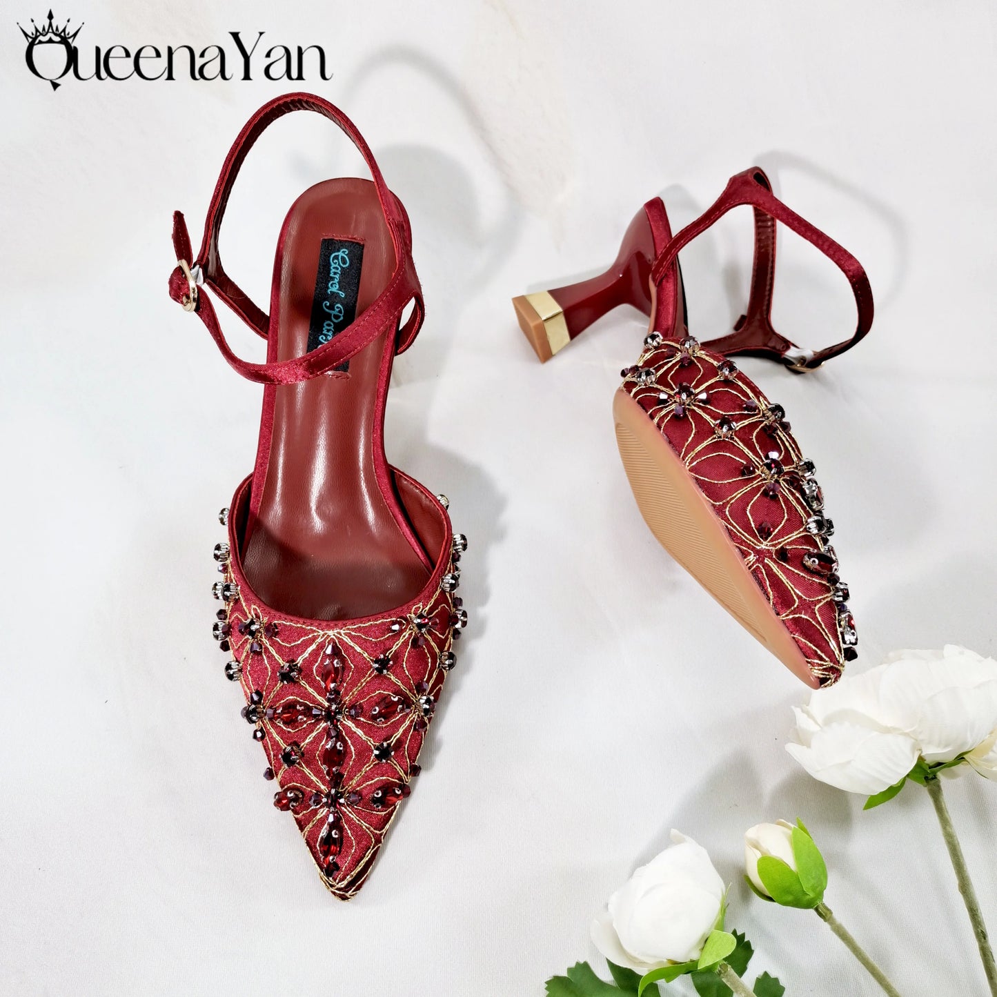 Queena Yan The best gift: Sweet Design Embroidered Beaded Pointed Toe Shoes Comfortable Square Heel Sandals