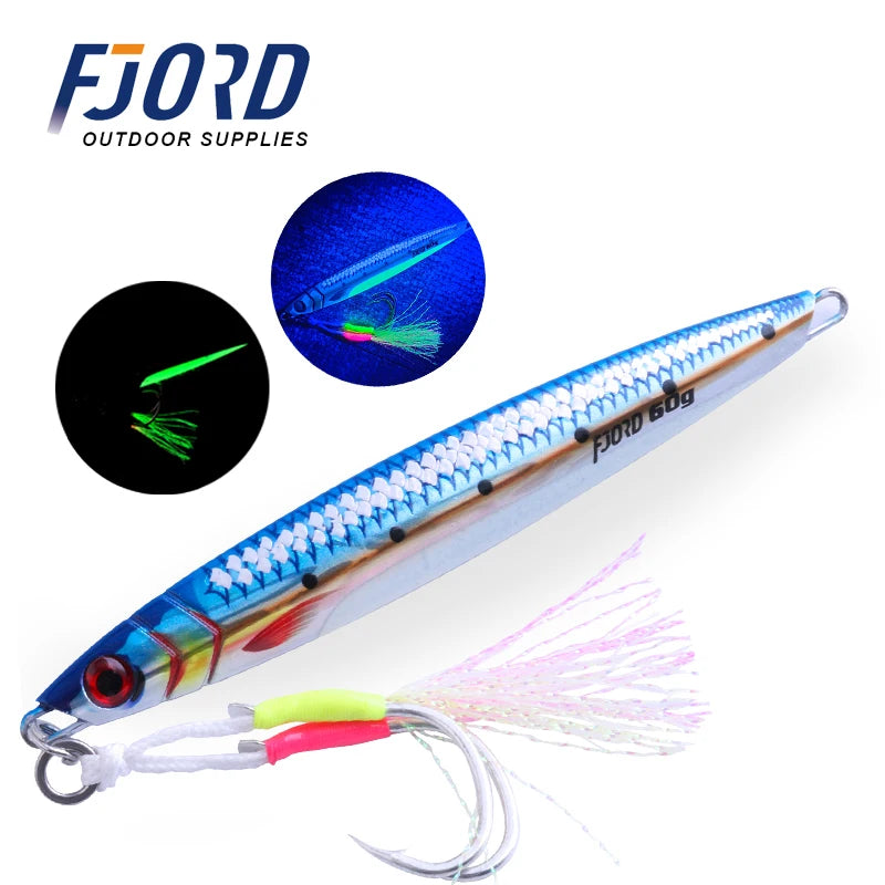 FJORD 3D Printing Metal Jig Night Glow Vertical Jig 40g 60g 80g Laser Strong Glow Silk UV Point Pike Hook Fishing Lure Supply