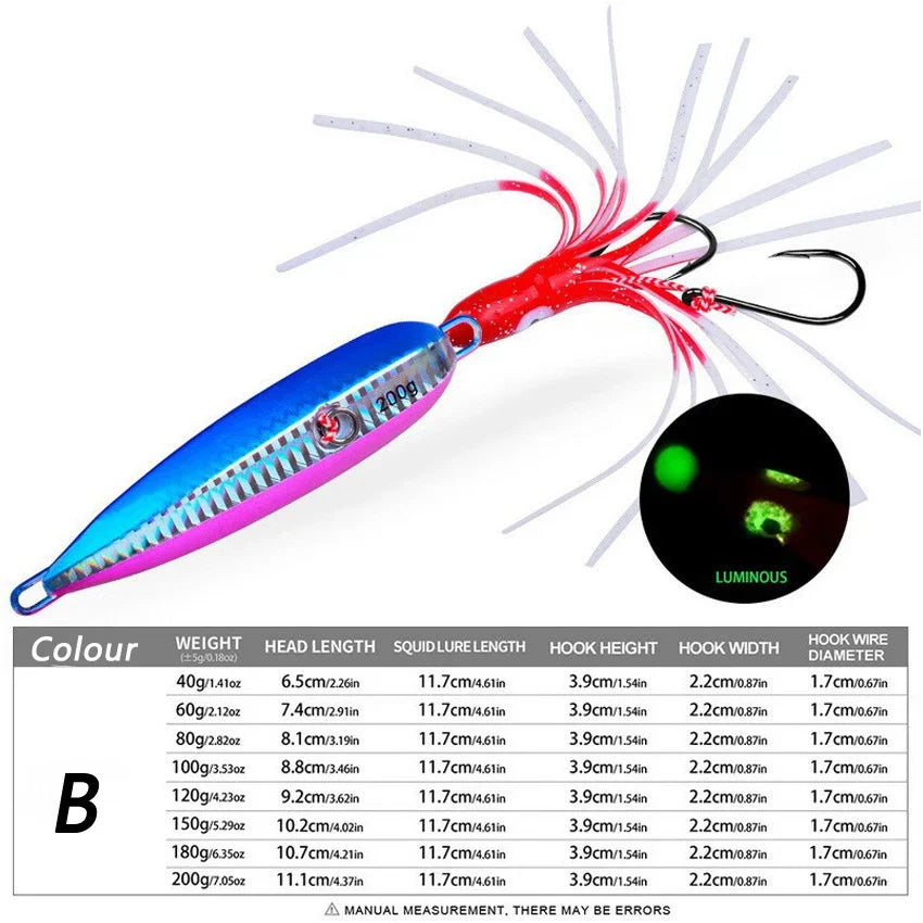 1Pcs Inchiku Jig Lures 40g-200g Slow Metal Jig Luminous Squid Hook Sinking Saltwater Spinning Fishing for Marlin Snapper Grouper