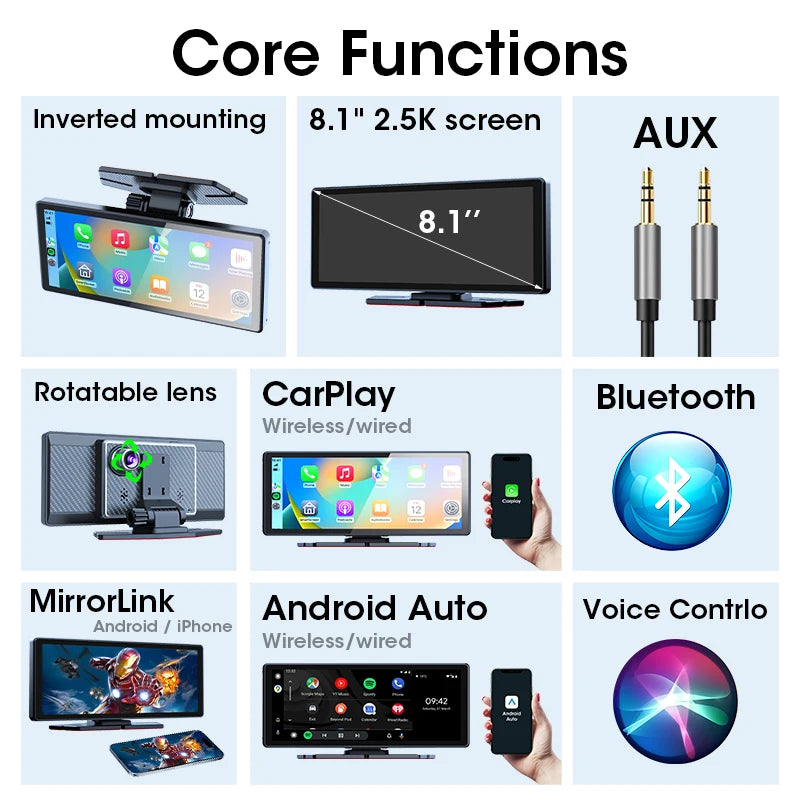 8.1 inch Wireless Carplay&Android Auto 2.5K Car DVR Multimedia 5G WIFI Dashcam Rearview Camera GPS Navigation Dashboard FM AUX