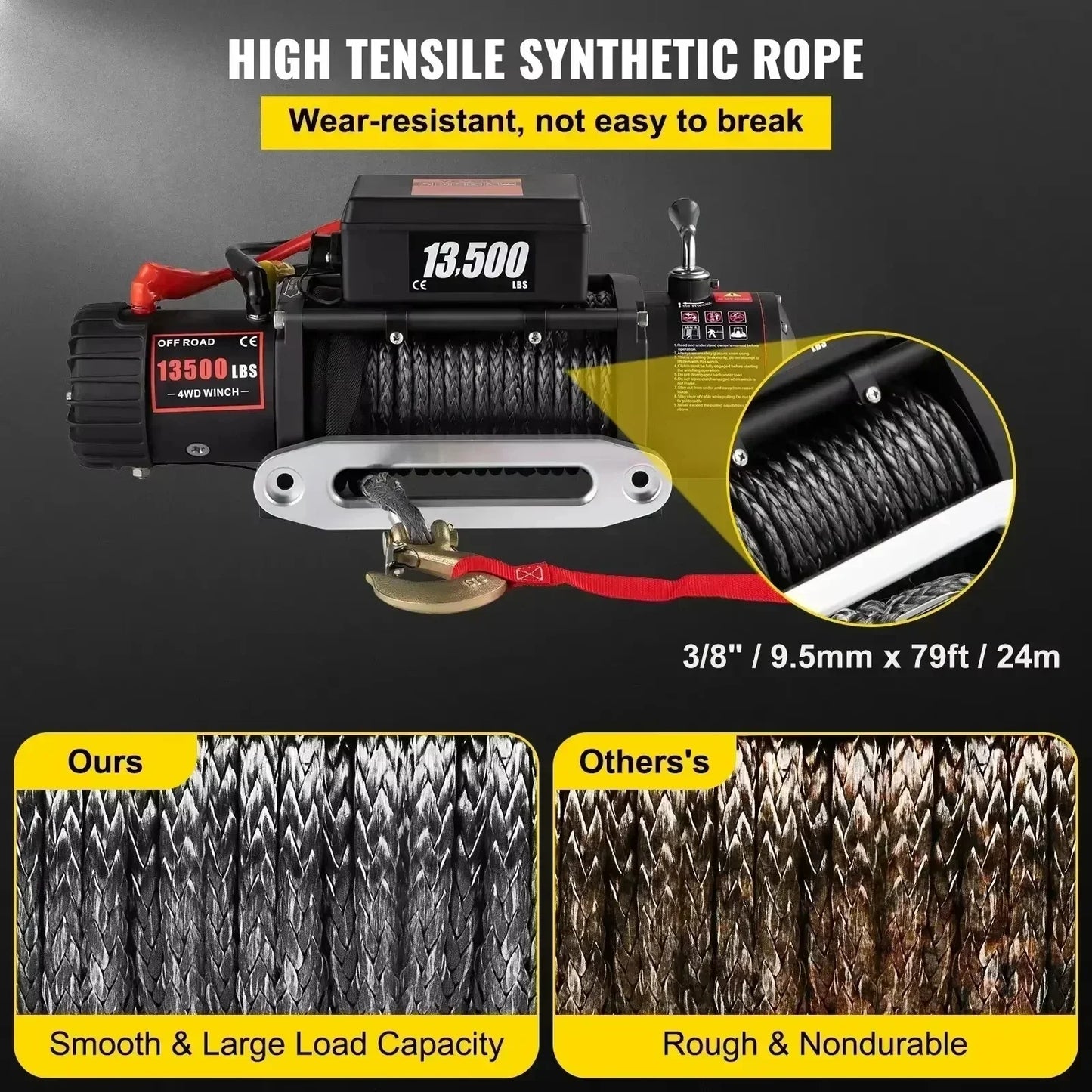 SIHAO 13500LB 12V Electric Capstan Winch - 92-Alloy Synthetic Rope 27M for Off-Road 4x4 Car/ATV/Boat/Trailer Lift Waterproof