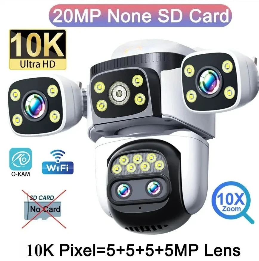 20MP 10X Optical Zoom WiFi6 Outdoor Security Cam Four Lens Three Screens Auto Tracking 6K Dual Len Waterproof WiFi CCTV Cam 10K