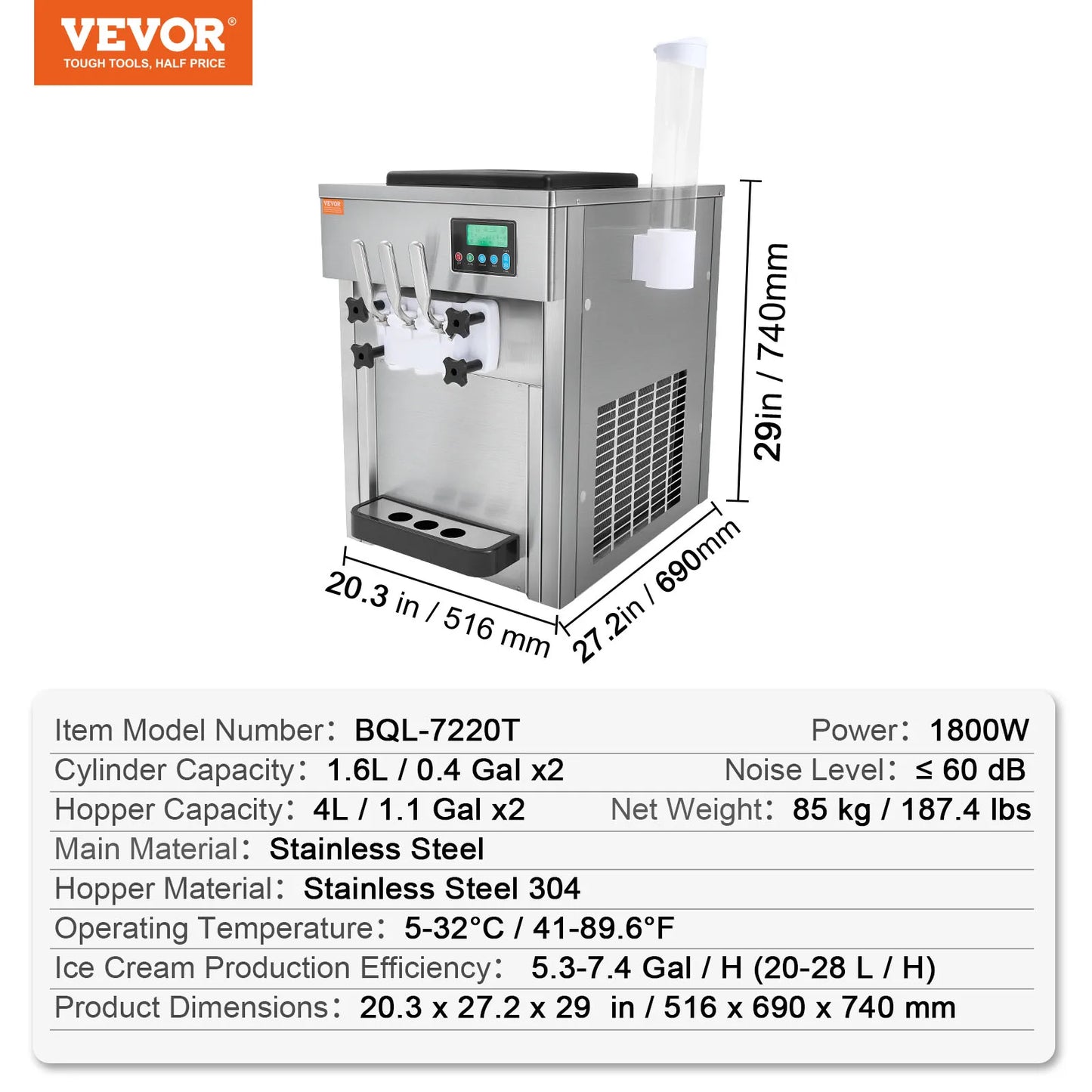 VEVOR Commercial Ice Cream Machine 10.6 QT/H Yield 1000W Single Flavor Countertop Soft Serve Ice Cream Maker 4L Hopper  Cylinder