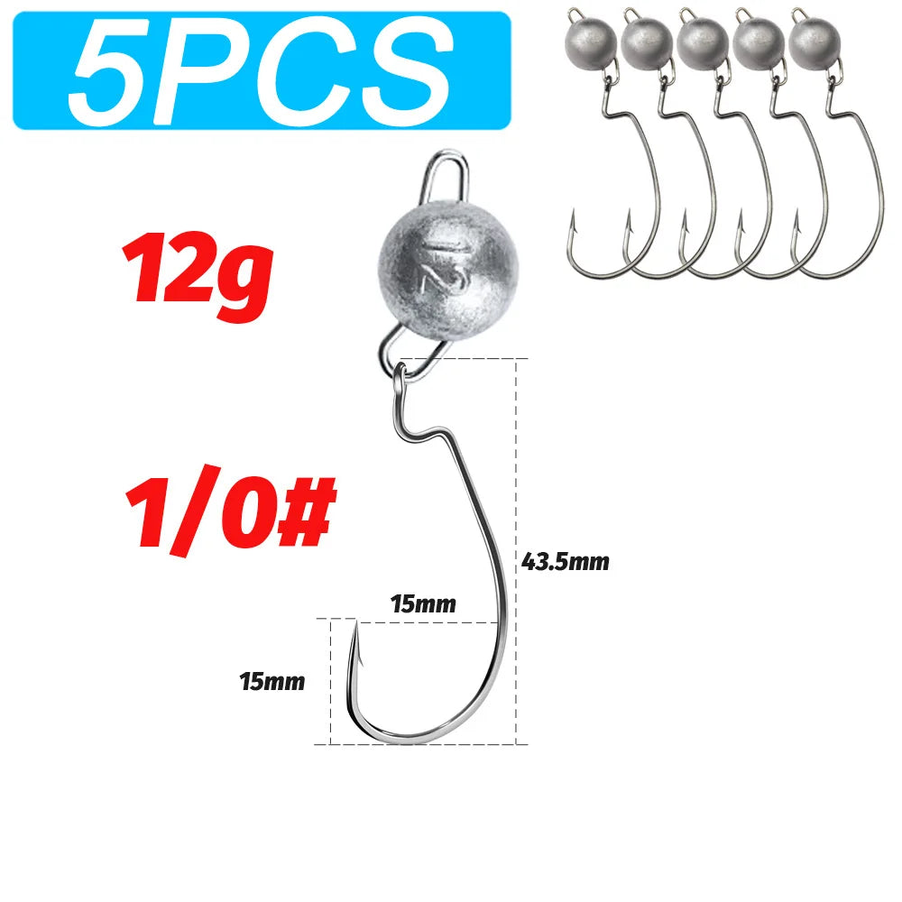 5pcs Metal Jig Head Worm Hooks 2g 10g 18g Weight Crank Gear Sinker Pesca Weedless Offset Texas Rig Fishing Tackle Kit Fishhook