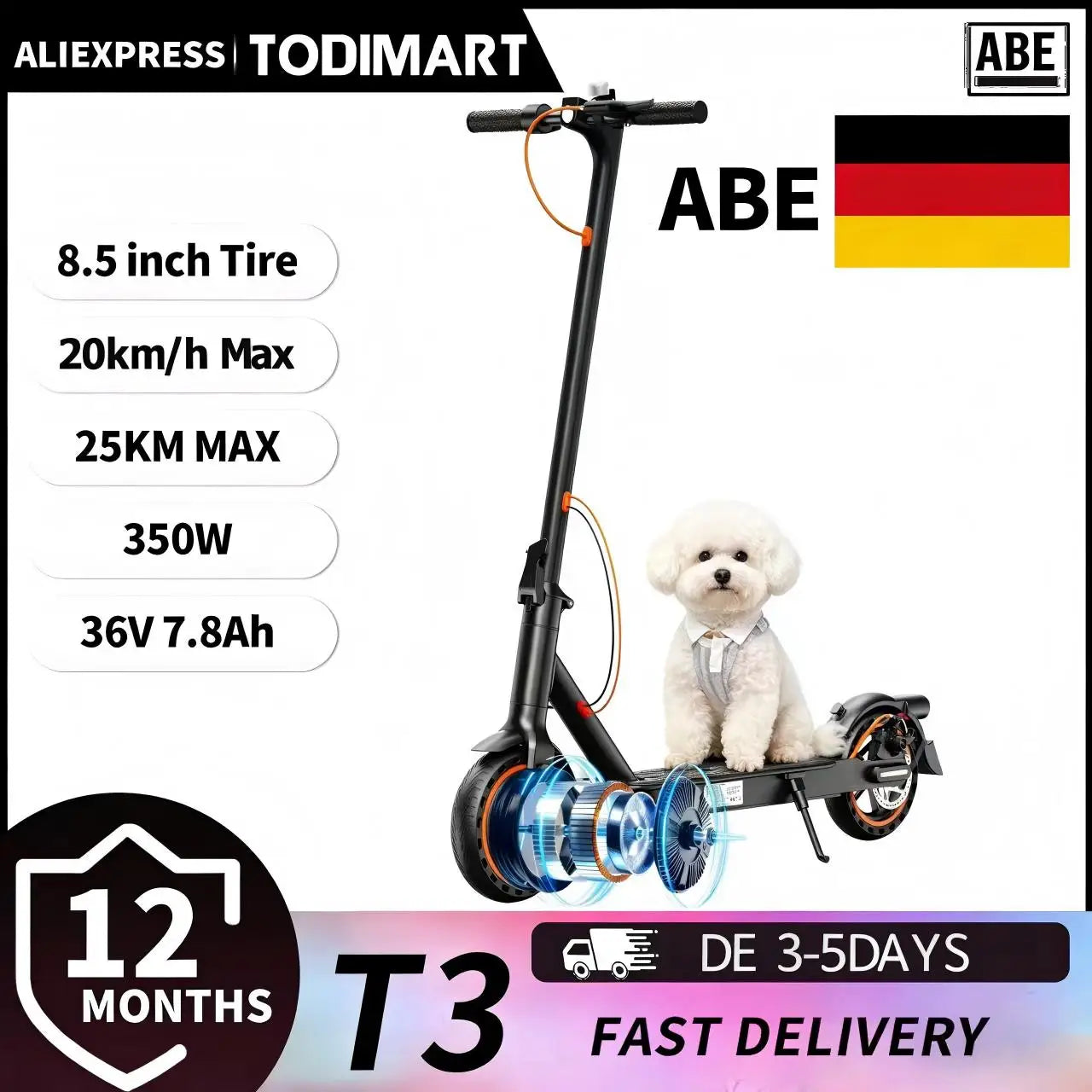 Todimart T3 ABE adult electric scooter, 36V 7.8AH, 350W (500W), 25-35KM, 8.5-inch tires, Elektroroller mi Abee