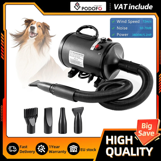 Podofo 5.2HP Professional Dog Grooming Blower Quiet High Power Pet Hair Dryer Fast Drying Machine for Dogs and Cats