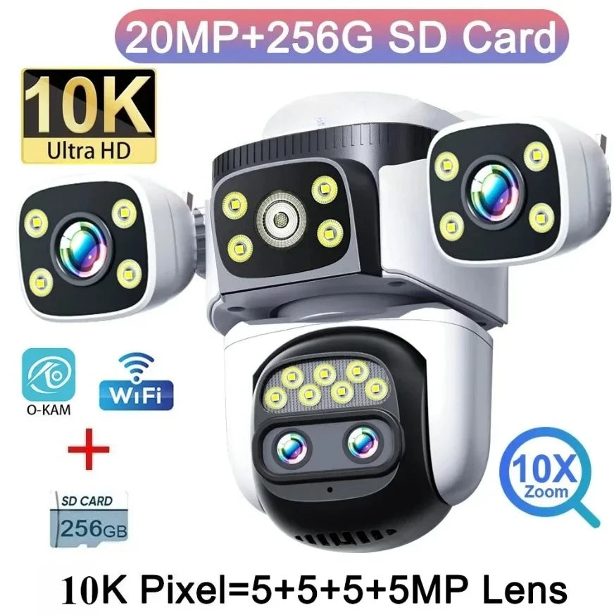 20MP 10X Optical Zoom WiFi6 Outdoor Security Cam Four Lens Three Screens Auto Tracking 6K Dual Len Waterproof WiFi CCTV Cam 10K