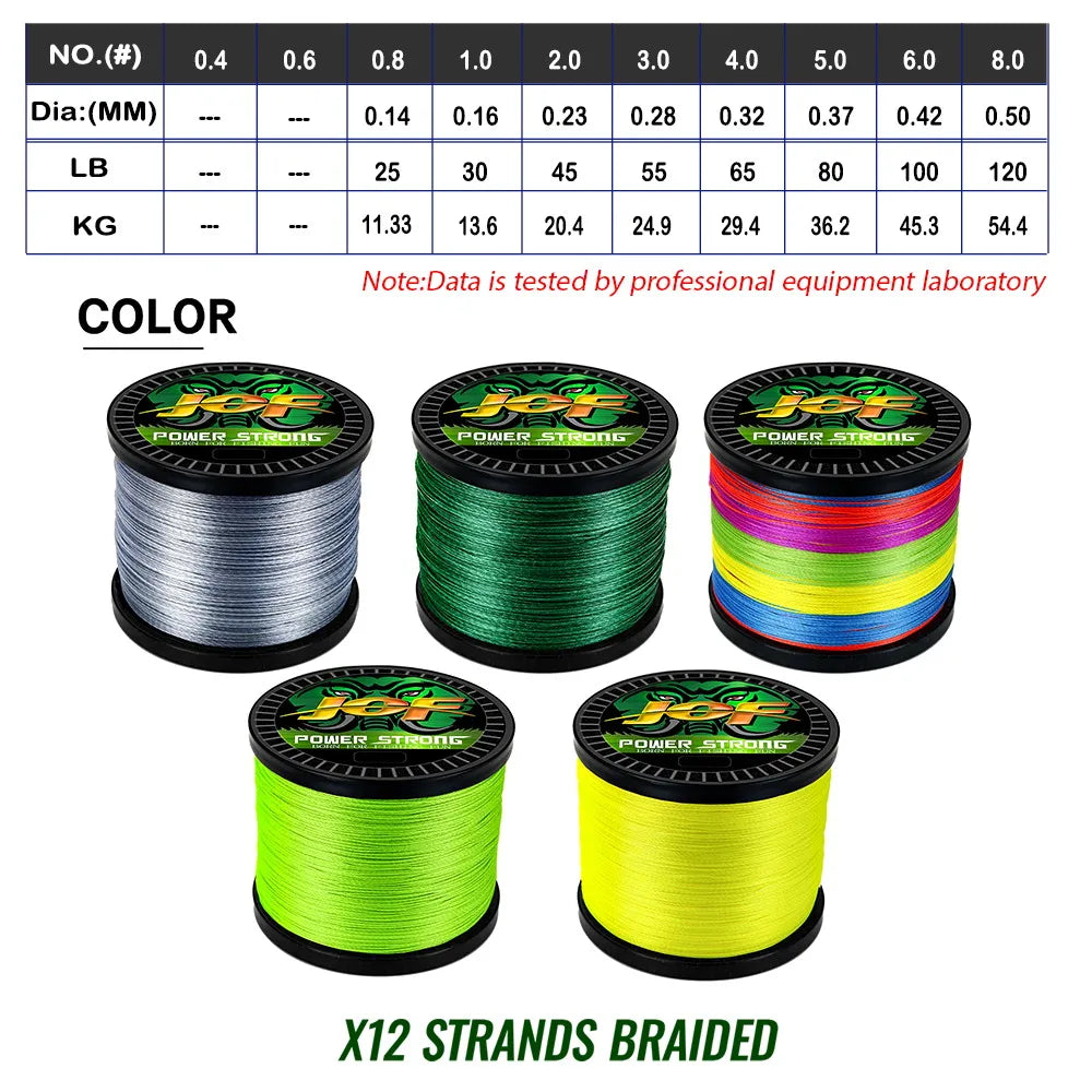 JOF 12 Strands Fishing Line 500M 100 300 1000M Braided PE Strong Wire Multifilament Durable Sea Saltwater Japan Wire