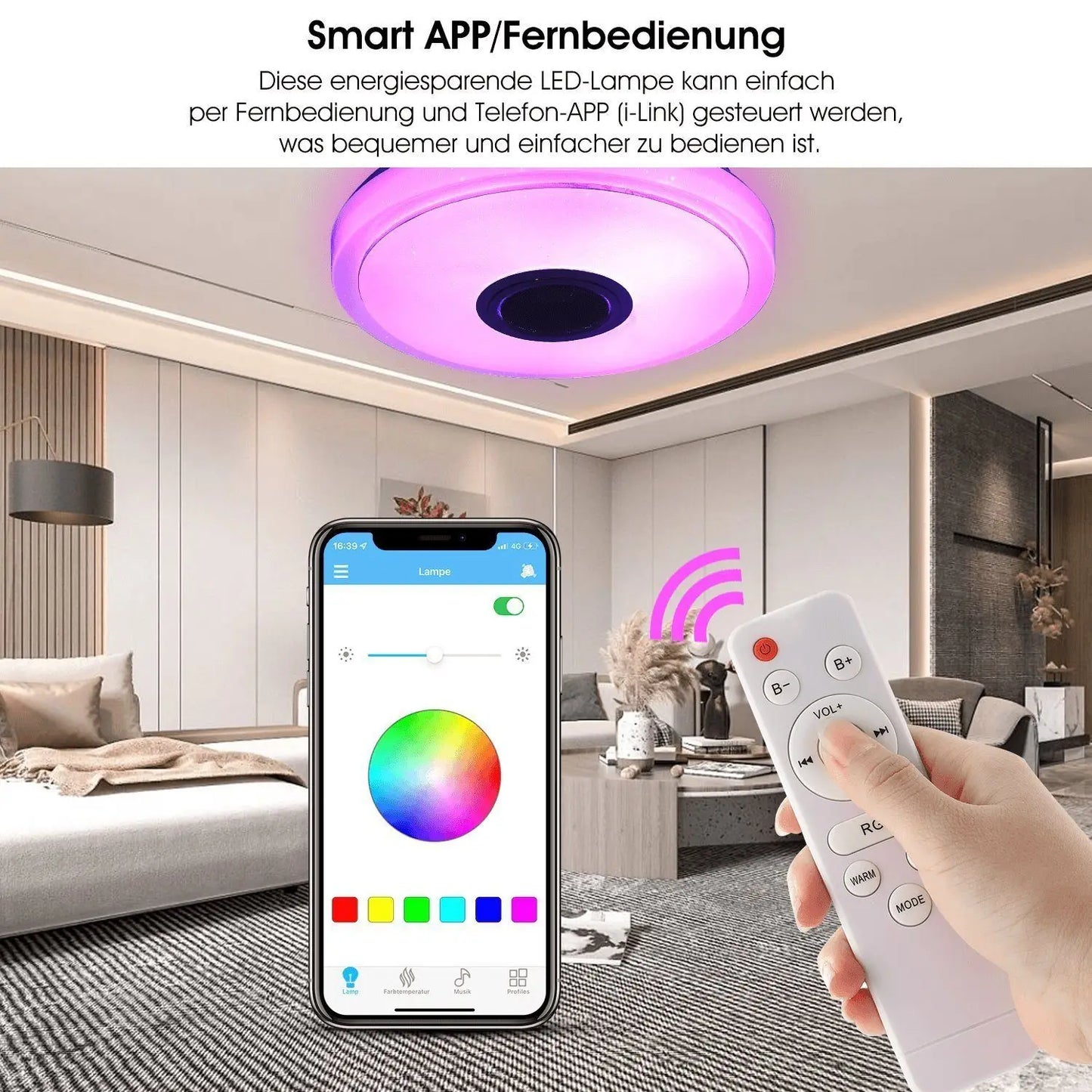36W LED Deckenleuchte RGB Dimmbar mit Bluetooth-Lautsprecher, mit Fernbedienung und APP-Steuerung, für Schlafzimmer Wohnzimmer
