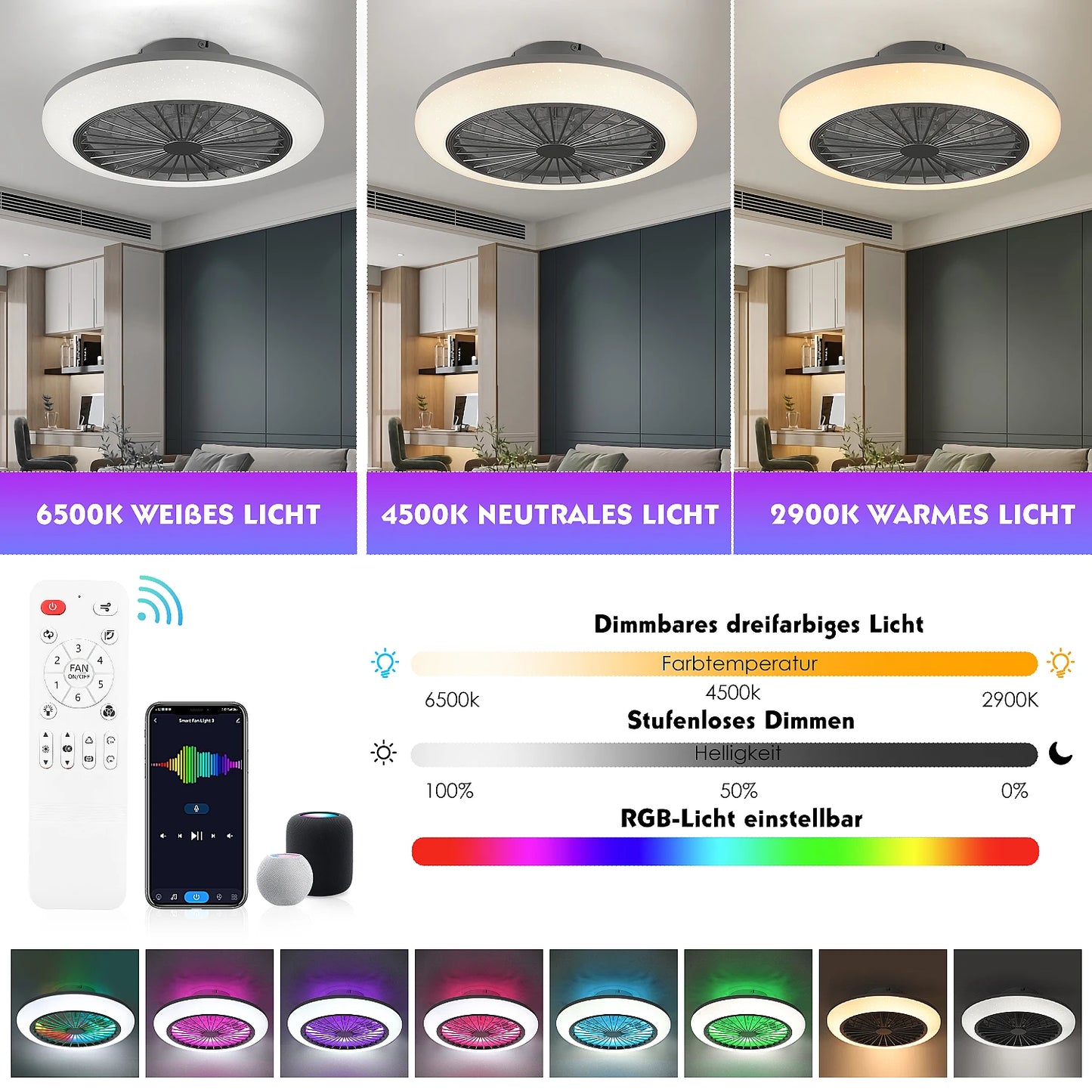 50W Quiet Ceiling Fan with Light, RGB Color Changing Dimmable, Timer 6 Speed Settings for living room bedroom