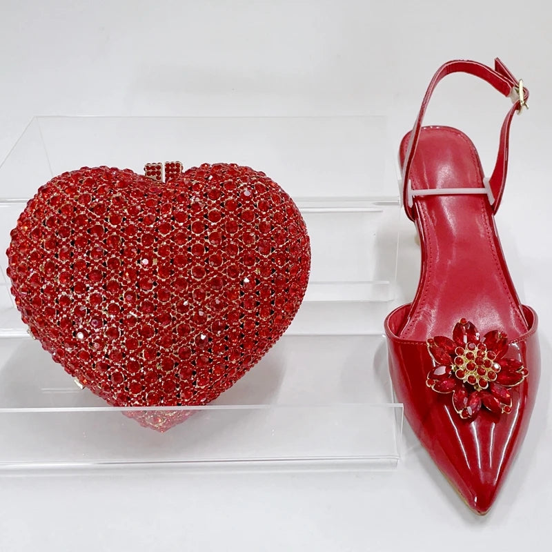 INSIGHTLINK Red Color Party Shoes and Bags Nigerian Women’s Suit Medium Heel Pointed Toe Women’s Shoes  Rhinestones sandals Red