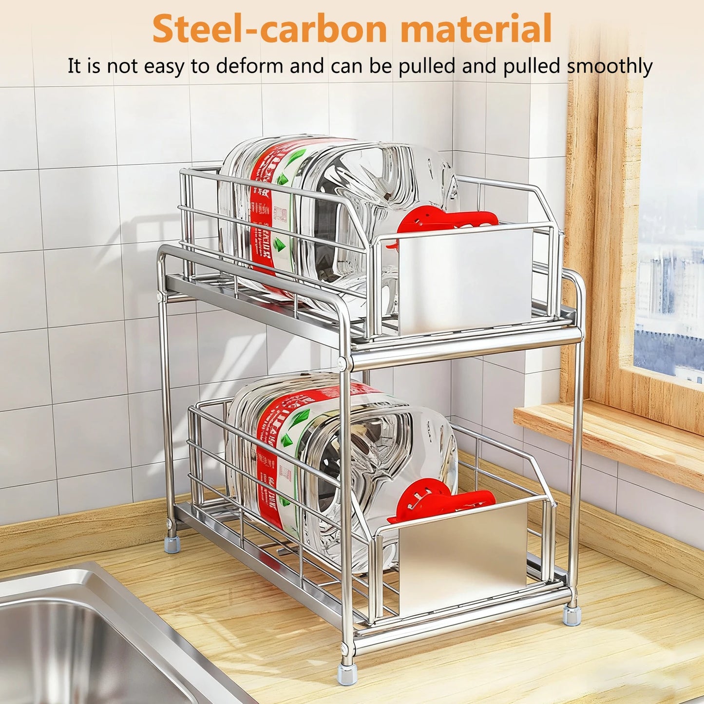 Pull out Cabinet Organizer 2-Tier Spice Rack Inside Cupboard Metal Shelf Rack Organization Drawers for Kitchen Bathroom Storage