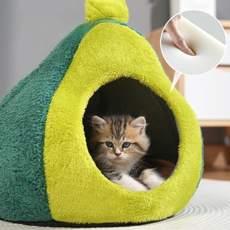 Cat House for Indoor Cats Cute Avocado Shaped Small Dog Bed with Hanging Toys Warm and Cozy Covered Cat Bed for Puppies and Cats
