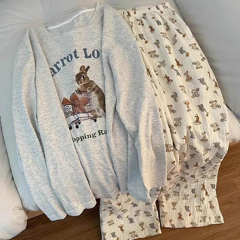 Spring and Autumn New Ladies Ins Style Pajamas Homewear Set Cartoon Girl Long-Sleeved Long Pants Korean Pajamas Homewear Set
