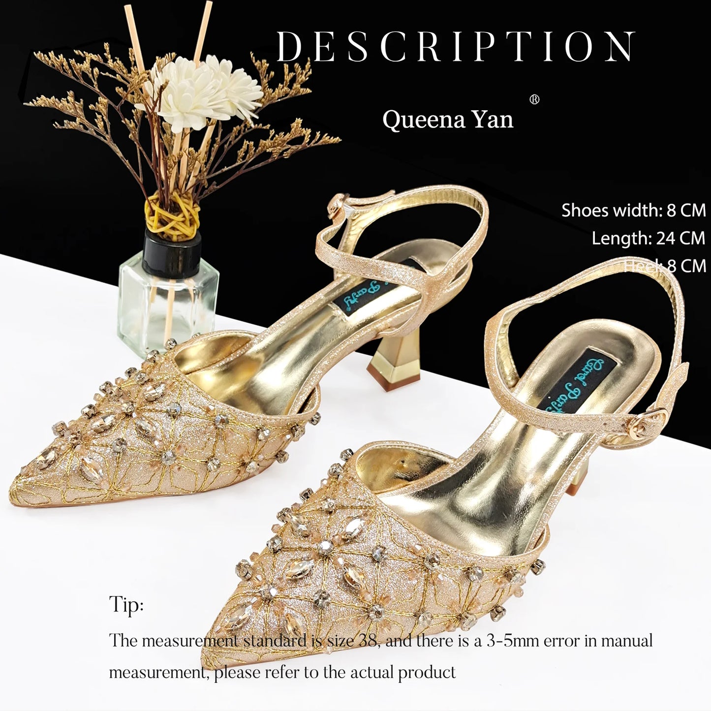 Queena Yan The best gift: Sweet Design Embroidered Beaded Pointed Toe Shoes Comfortable Square Heel Sandals