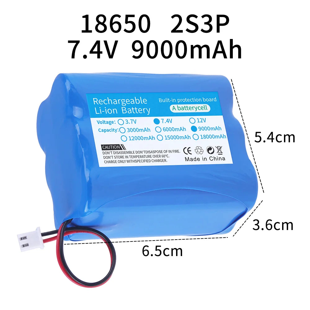 3.7v 7.4v 12v 18650 Li-ion battery 3000mAh 6000mAh 8000mah 9000mAh 12000mAh with PCB protection XH 2.54 2P Plug