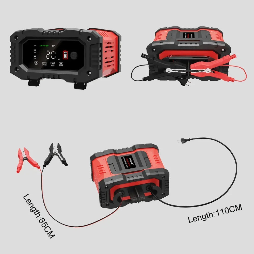 Portable 20A/10A Car Battery Charger 12V 24V Automatic Motorcycle Truck AGM LiFePO4 Lead Acid Start Stop Battery with Repair