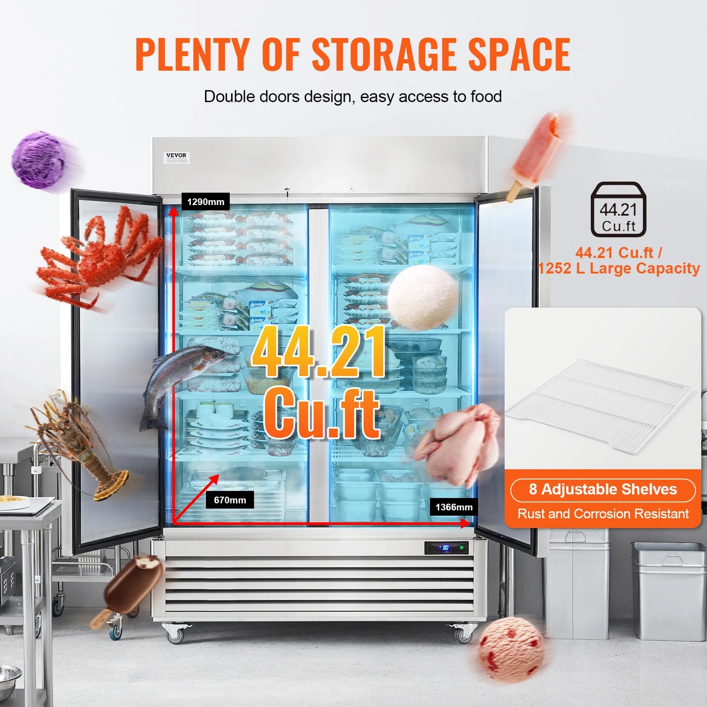 SucceBuy 1252L Commercial Freezer Upright Freezer 2 Doors Auto-Defrost Stainless Steel with 8 Adjustable Shelves for Commercial