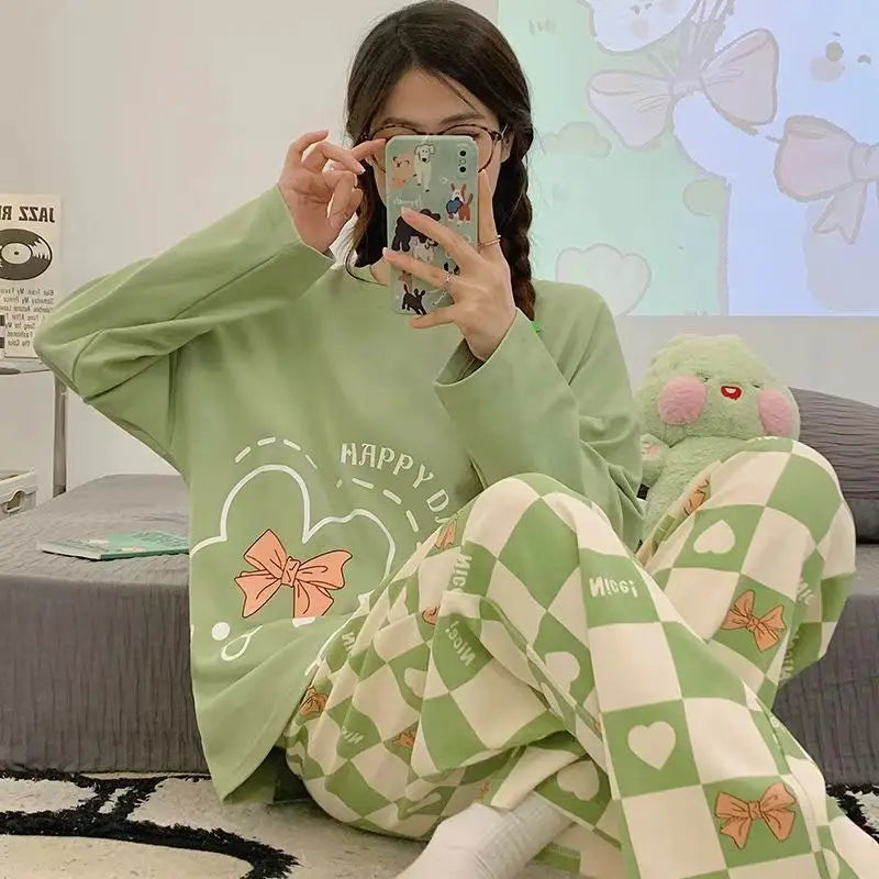Spring and Autumn New Ladies Ins Style Pajamas Homewear Set Cartoon Girl Long-Sleeved Long Pants Korean Pajamas Homewear Set