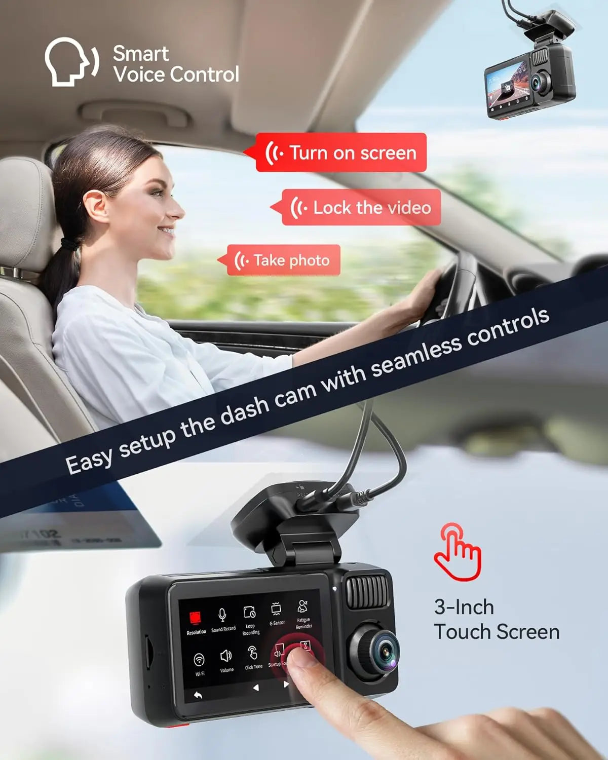 REDTIGER F17 Elite 4K 3 Channel Dash Cam 5.8Ghz Wifi 6 Full Night Color Touch Screen Voice Control Car Cameras 128GB Card HDR