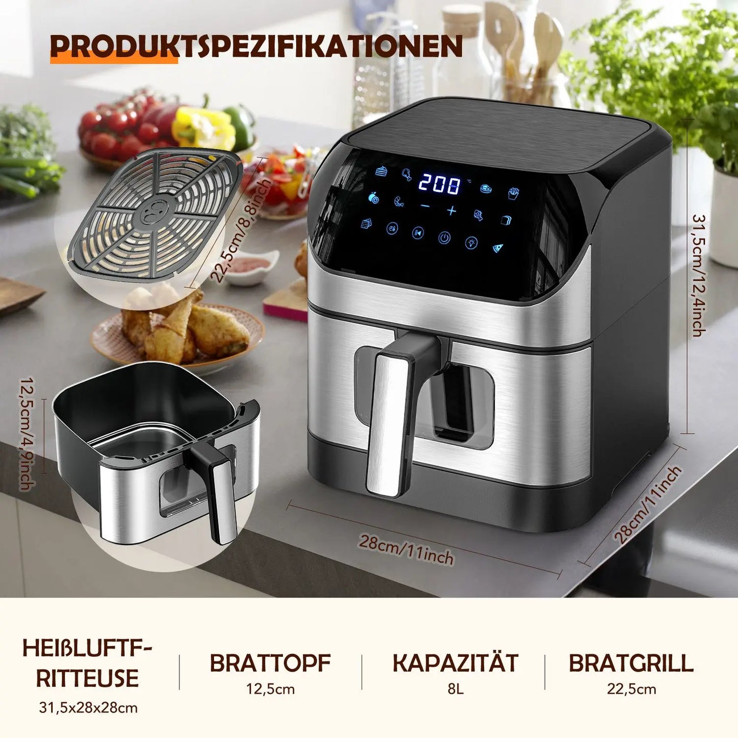 Hot Air Fryer 8L, Oil-Free Airfryer 1800W, 10 Cooking Modes, 80-200°C, Baking, Roasting, Grilling, Defrosting