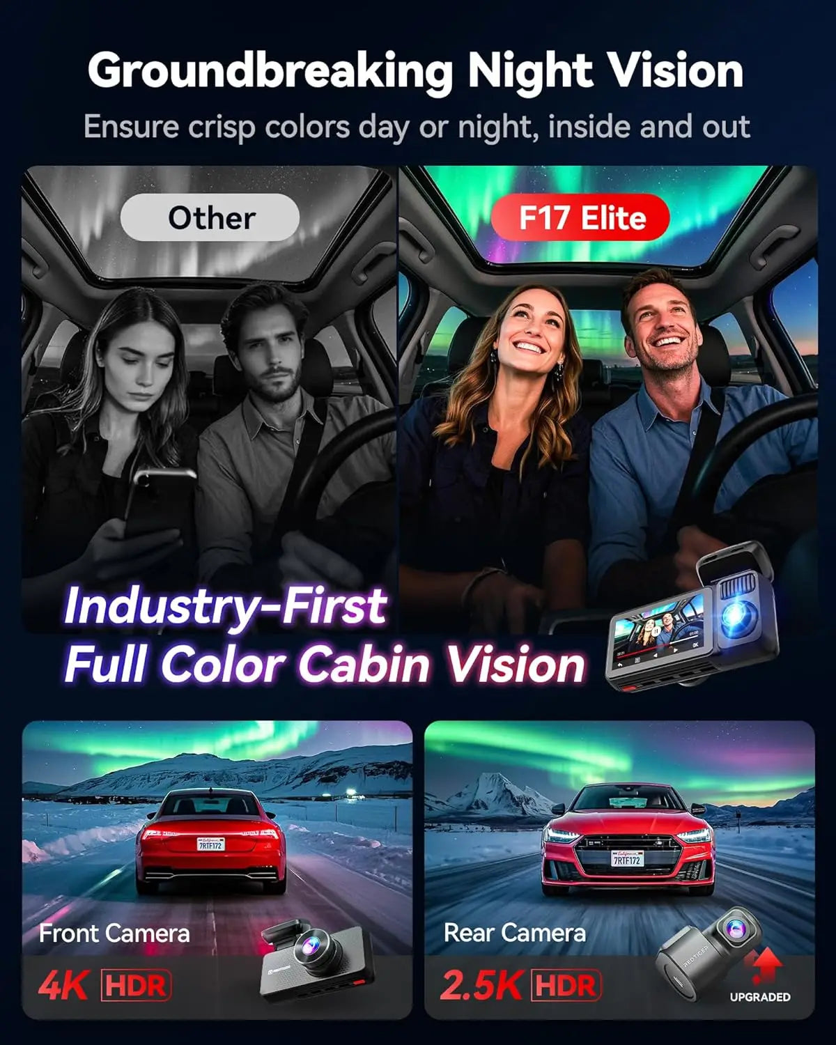 REDTIGER F17 Elite 4K 3 Channel Dash Cam 5.8Ghz Wifi 6 Full Night Color Touch Screen Voice Control Car Cameras 128GB Card HDR
