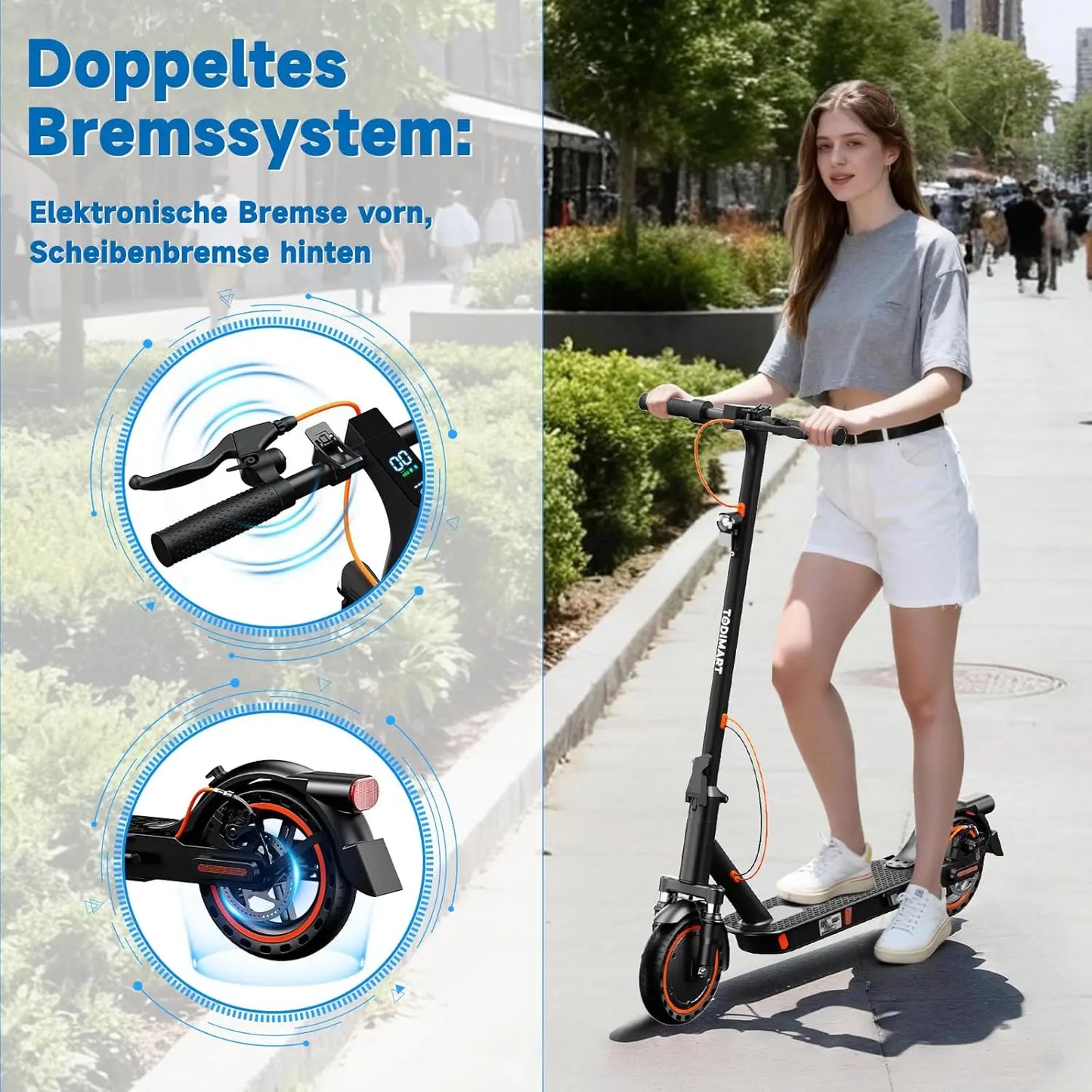 TODIMART T6 ABE E Scooter Mit Straßenzulassung, 30-35 km range, 350-500W brushless motor, dual brakes, and 8.5-inch run-flat tires