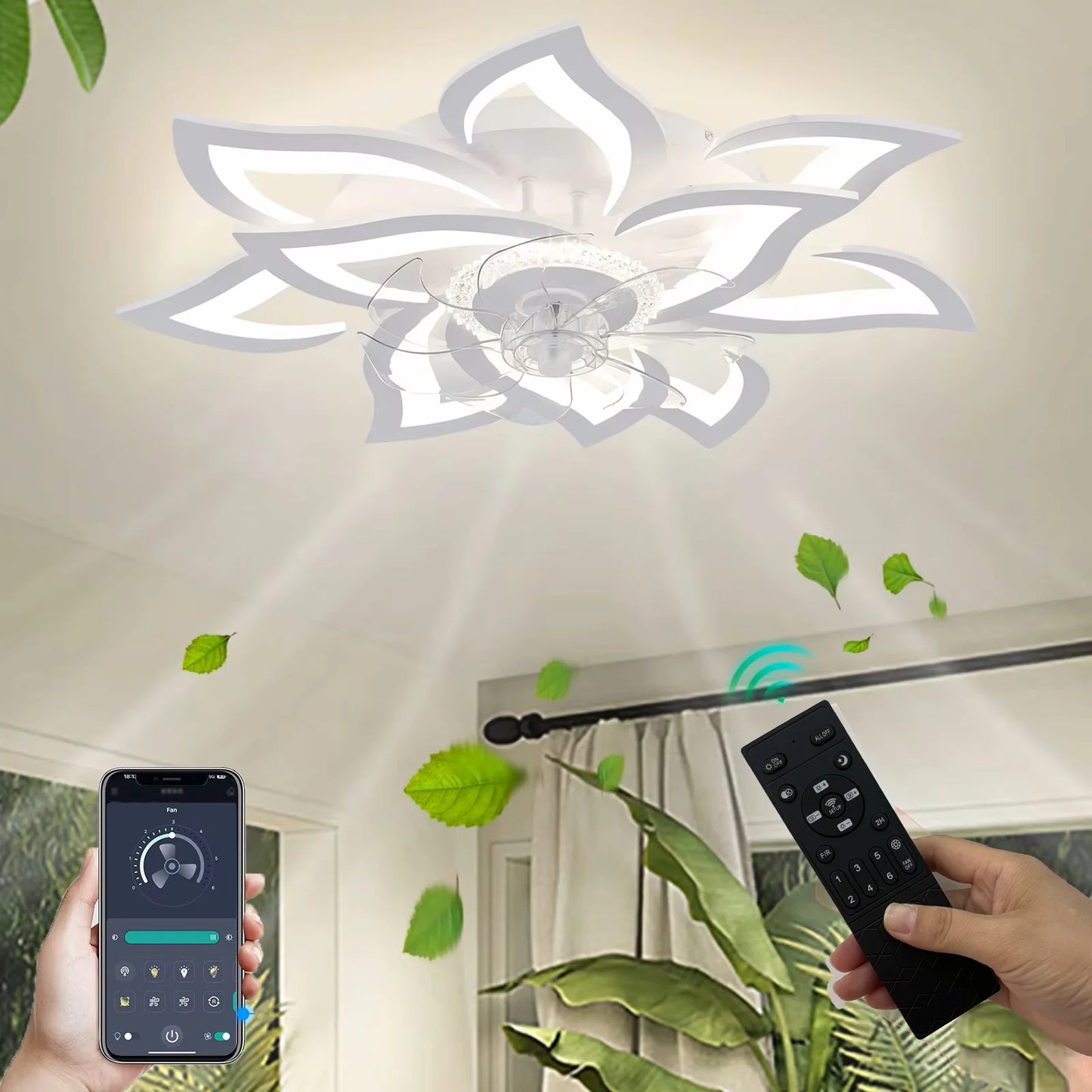 Ceiling Fan with Lights,Modern dimable Flower pattern, Remote Control/app Control, 6 Gear Speeds Fan Ceiling Lamp